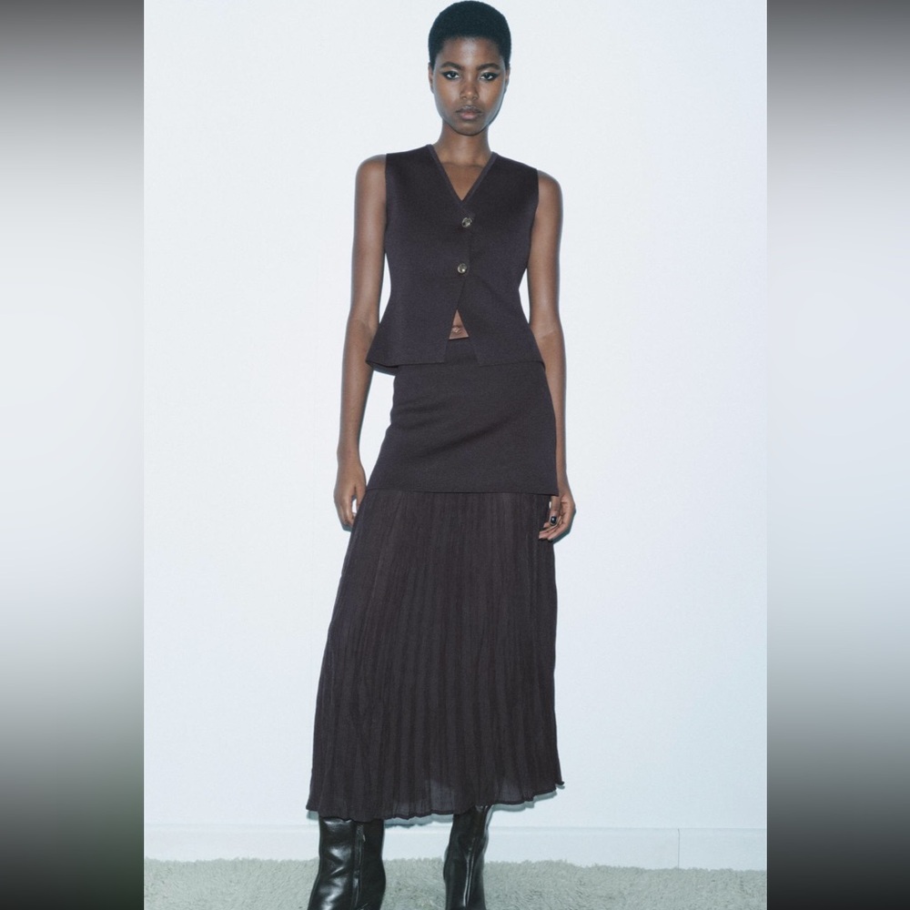 Zara brown set with matching top + pleated maxi skirt